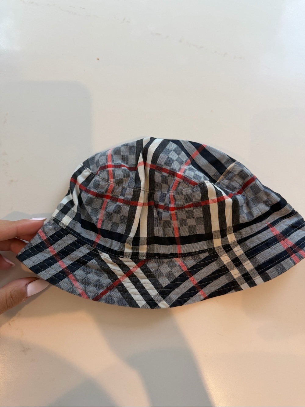 Burberry Kids Plaid Bucket Hat in Black, Gray & Red